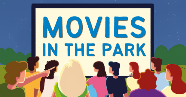 A graphic depicting a group of people watching a movie in a park. The words "Movies in the Park" appears on the movie screen.